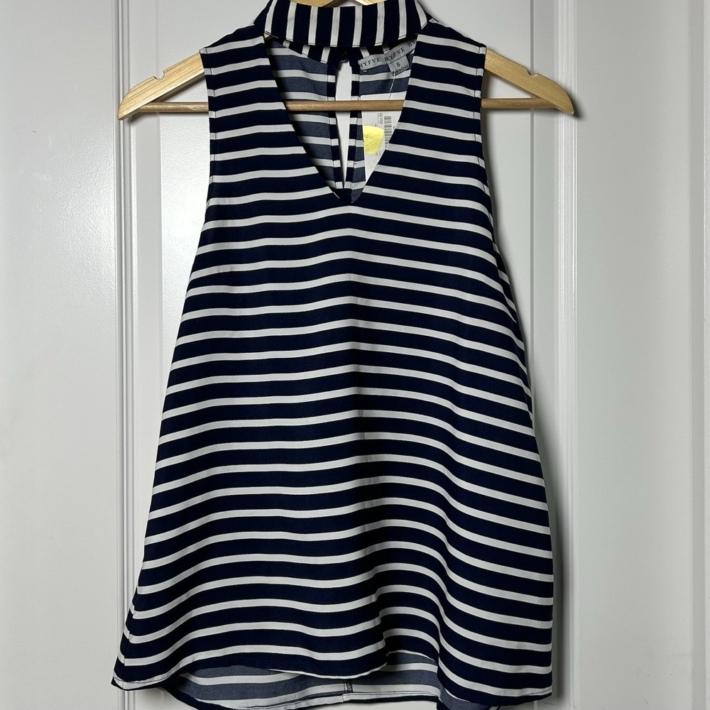 Hyfve Navy White Stripe Nautical Choker Collar Keyhole‎ Sleeveless Swing Blouse
